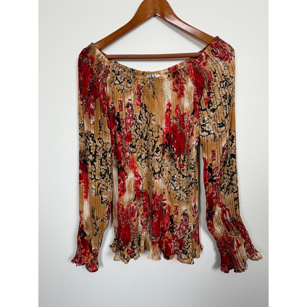 Dress-U-II by Sharon Top Womens 2X Red Floral Pleated Crinkle Bell Sleeve